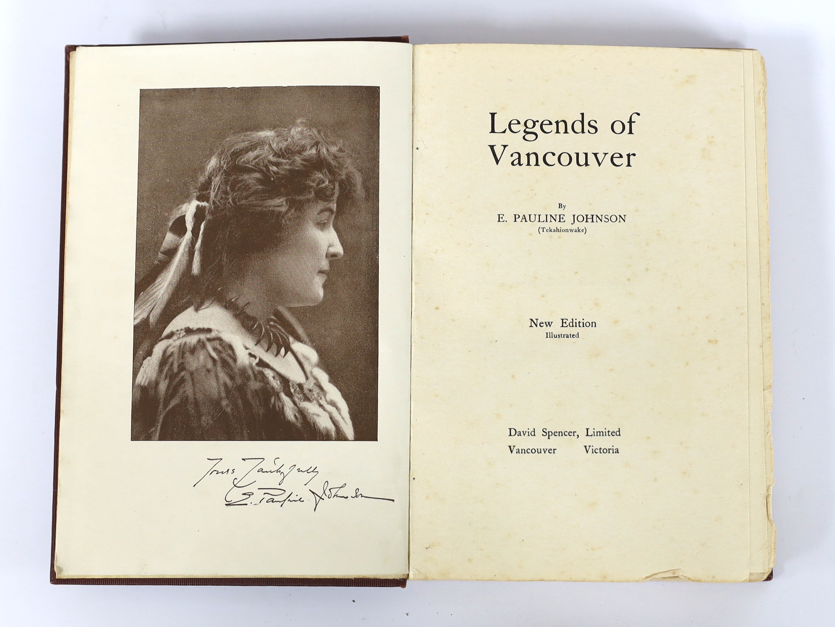 Johnson, E. Pauline (Tekahionwake) - Legends of Vancouver, 1st edition, 8vo, red cloth with gilt lettering and pictorial motif to front board, portrait frontis, David Spencer, Limited, Vancouver, 1911